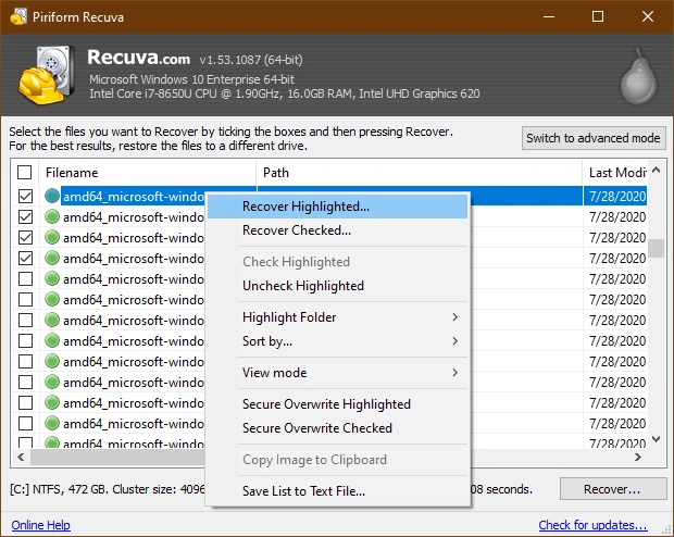 Контекстные команды Recover для выбранных файлов